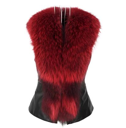 Red Faux Raccoon Fur Collar & Leather Vest Coat