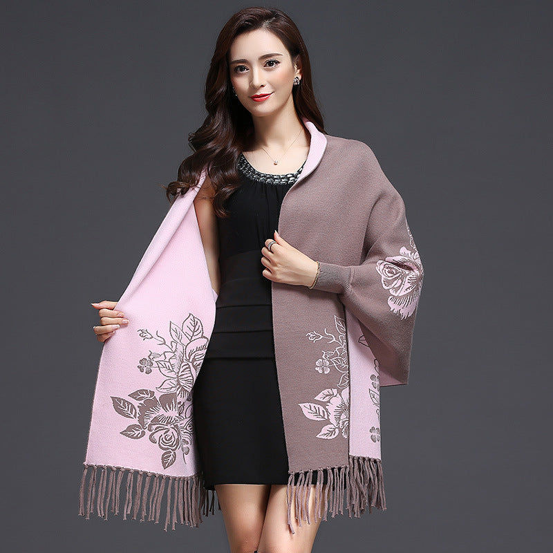 Mid-length Cashmere Cardigan Shawl with Tassels & Flower Print