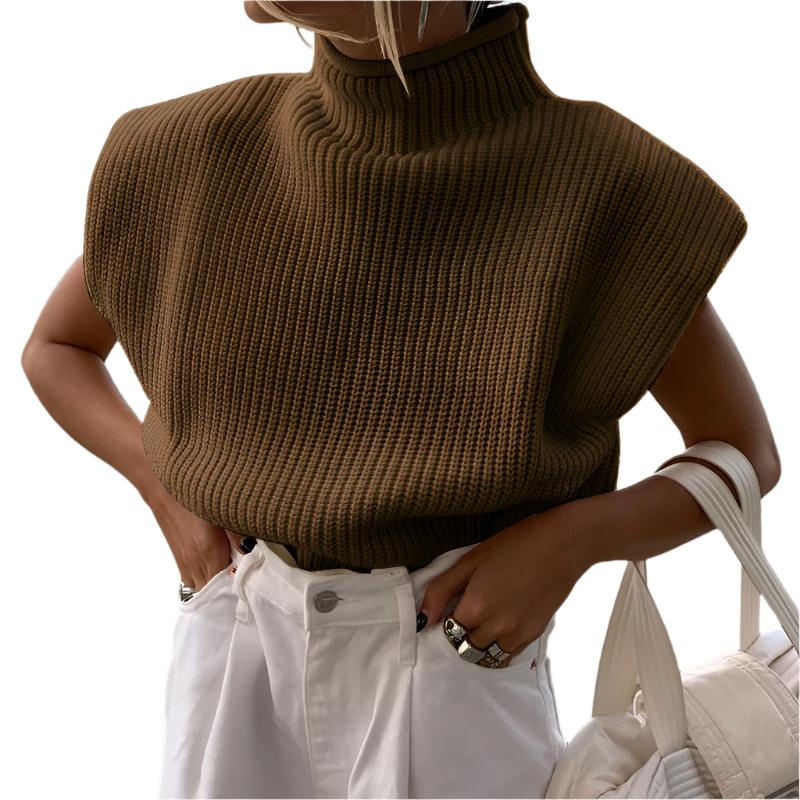 Brown Women's Knitted Turtleneck Short Sleeve Sweater