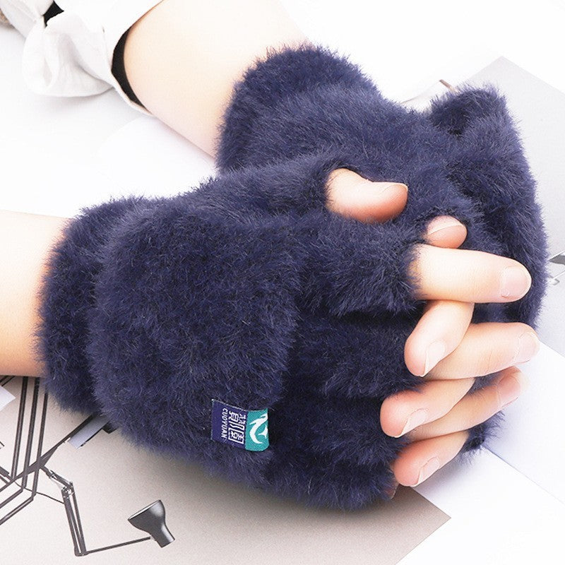 Plush Female Winter Warm Exposed Finger Flip Gloves