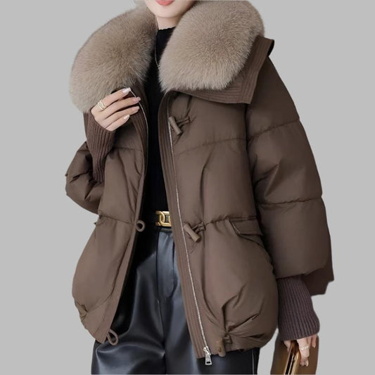 Brown Down Cotton-Padded Jacket with a Large Short Fur Collar