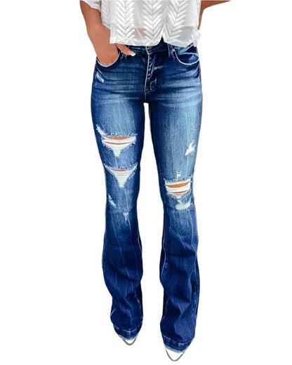 Casual Women's Mid Waist Ripped Flared Washed Jeans