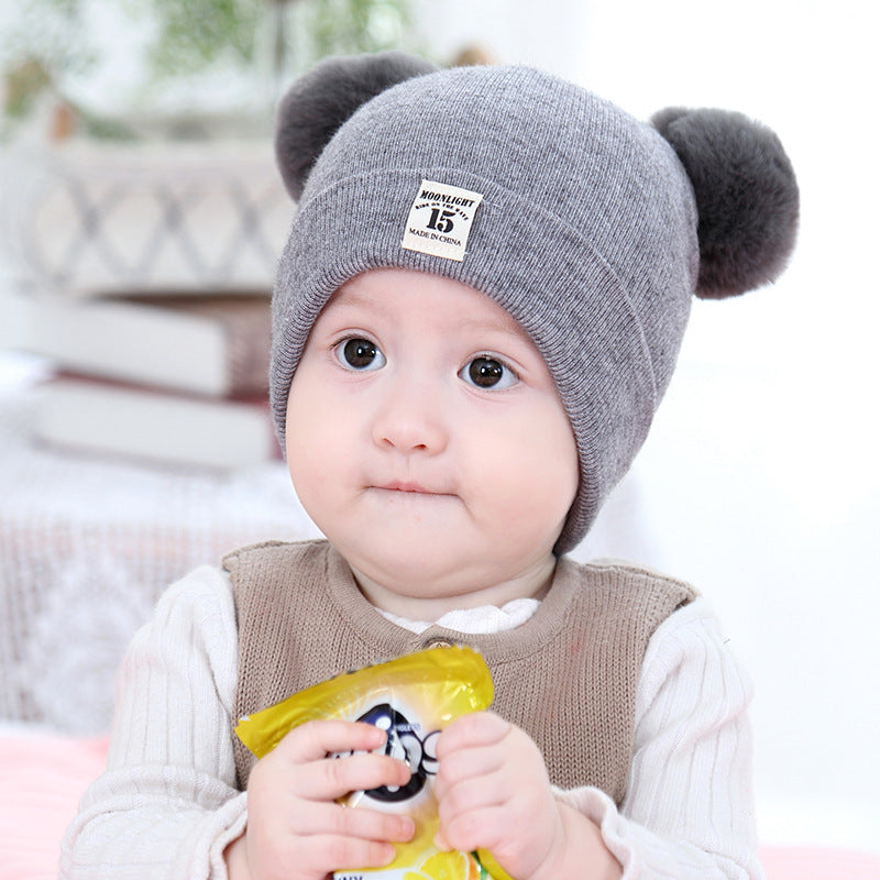 Cute Solid Color Knitted Baby Hat with pompom ears