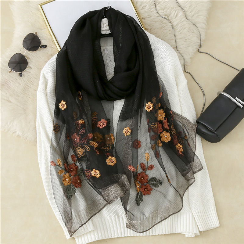 Flower Embroidery Silk Begonia Scarf