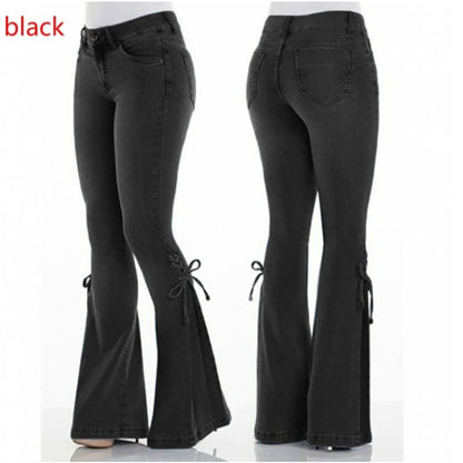 Black Ladies Mid-Waisted Stretch Flared Denim Jeans