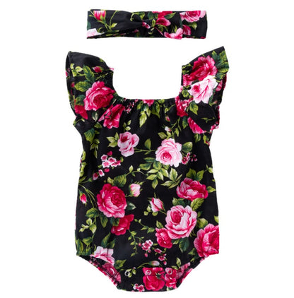 Flower Power Cute Baby Frilly Romper with matching Head Band