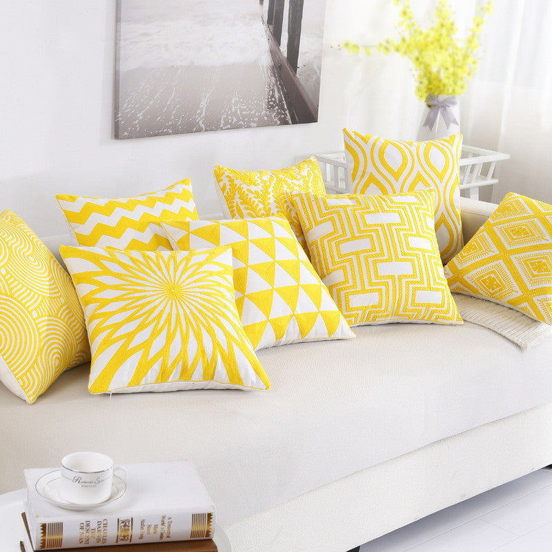 Bright Yellow Mixed Pattern Cotton Sofa Cushion and Pillowcase