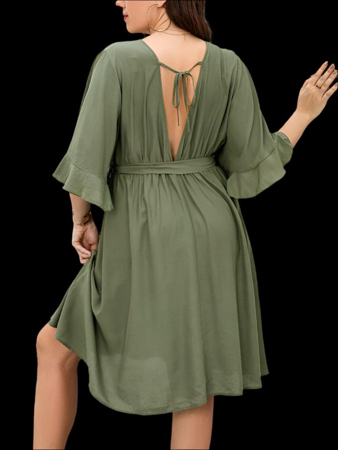 Chic Plus Size Ruffle Sleeve V-Neck Dress