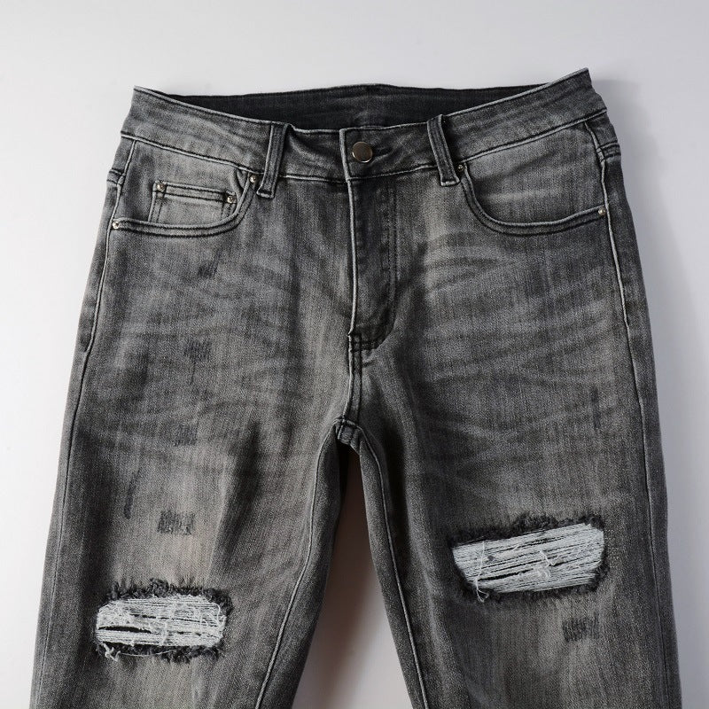 Men's Casual Patch Damage Gray Jeans