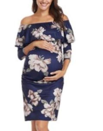 Womens Off Shoulder Printed Maternity Dress