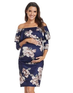 Womens Off Shoulder Printed Maternity Dress