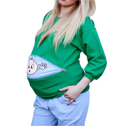 Long Sleeve Pregnancy Top with a peekaboo zip display of baby girl or boy