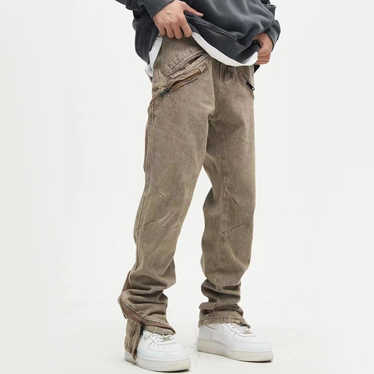 Men's Khaki Retro Wash Denim Casual Pants