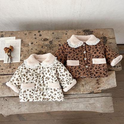 Baby Girls Floral Lace Lapel Puffer Jacket with fur lining