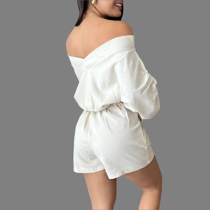 White Off-shoulder Puff Sleeve Top & High Waist Shorts Suit