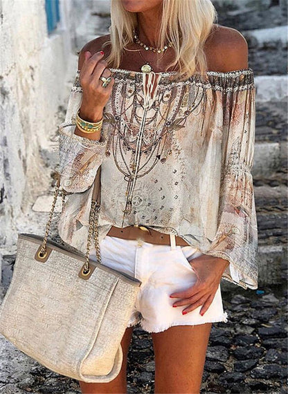 Ladies Printed V-neck Off the Shoulder Chiffon Blouse