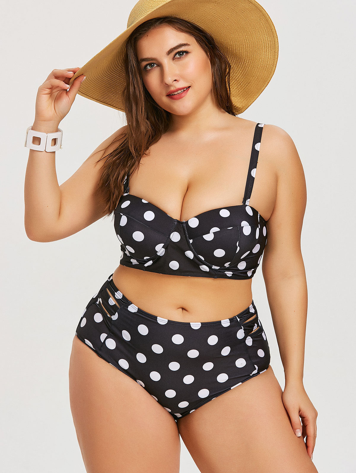 Ladies Plus Size Retro Polka Dot High-Rise Padded Bikini