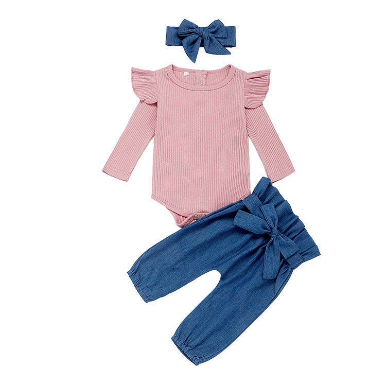 Cute Baby Pants Set with Bow Head Band