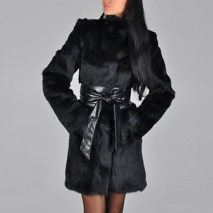 Women's Faux Mink Fox Fur Coat Black Coat