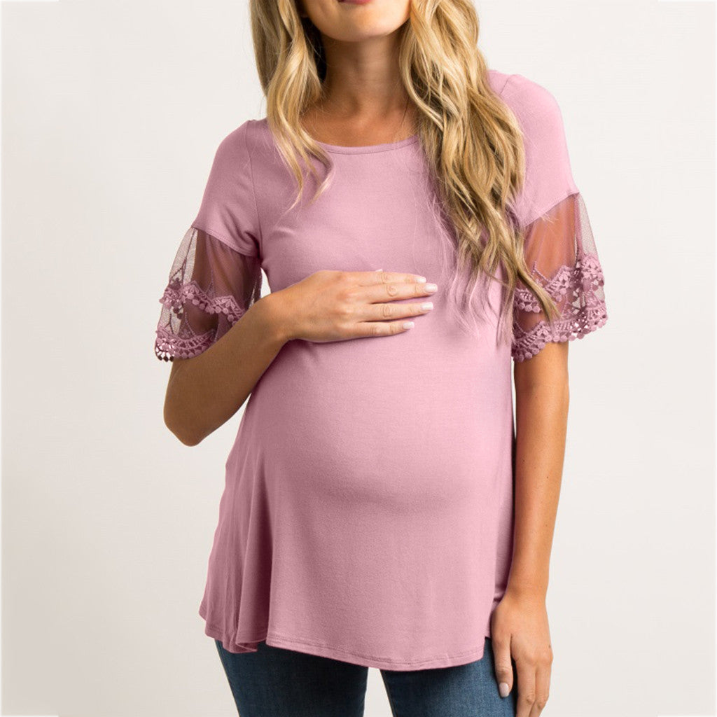 Pink otton Maternity Top with Lace Sleeve