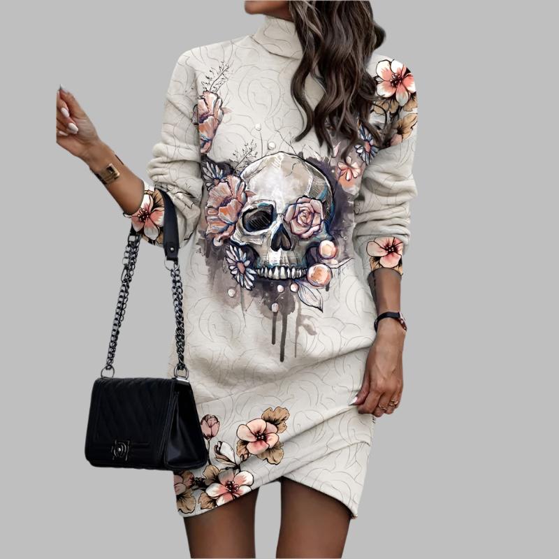 High Neck Long Sleeve Printed Women's Dress