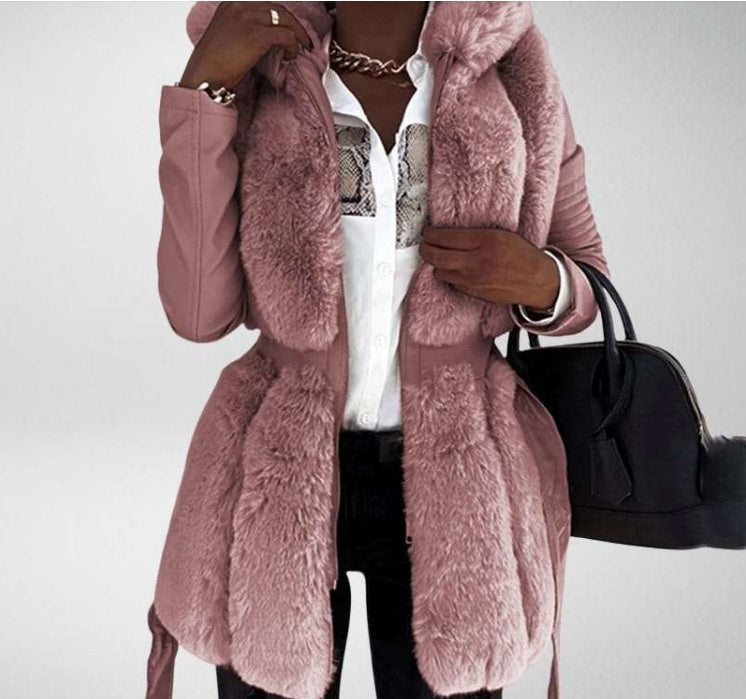 Pink Women's New Style Hooded Faux Fur & leather arms with Belt Zipper Jacket