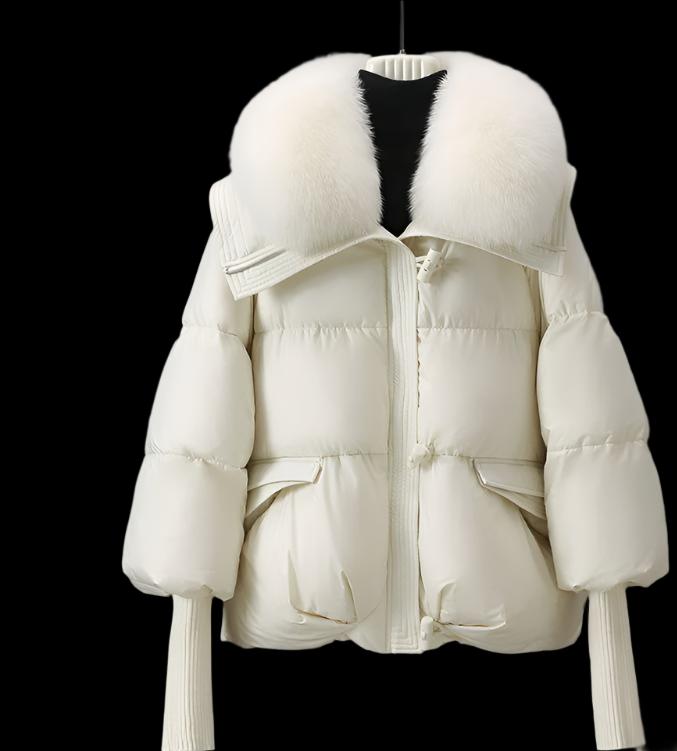 White Down Cotton-Padded Jacket with a Large Short Fur Collar