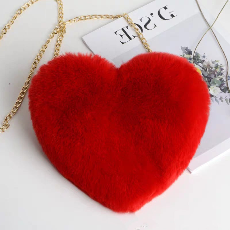 Plush Heart Shoulder Bag with Gold Chain