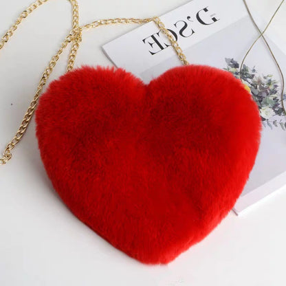 Plush Heart Shoulder Bag with Gold Chain