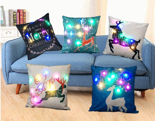 Festive Christmas Linen Pillow with LCD Lights