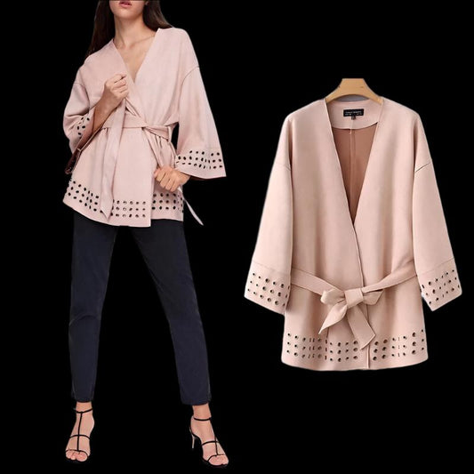 Baby Pink Suede Kimono Style Belted Wrapped Jacket