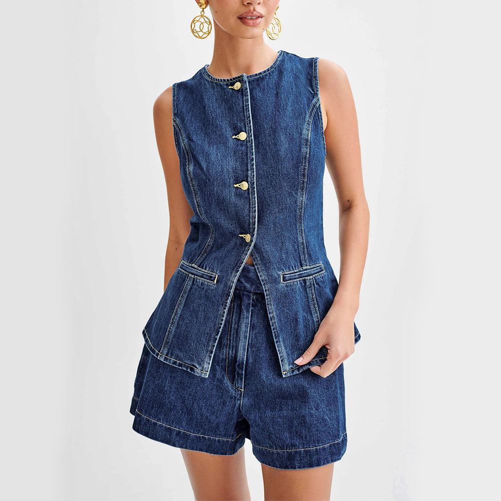 Hot Denim Sleeveless Suit with Button Vest Top And High Waist Shorts