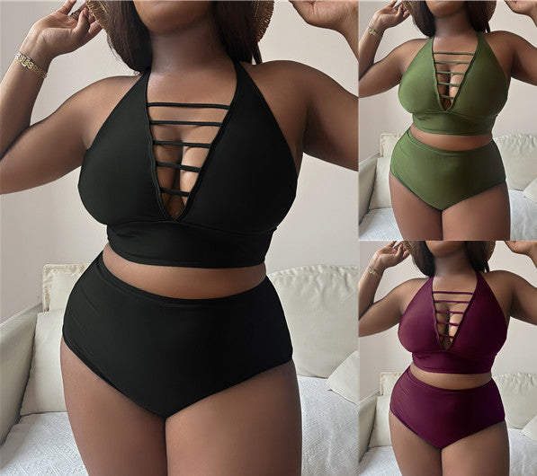 Solid Color Plus Size Hollow Cross Strap Bikini