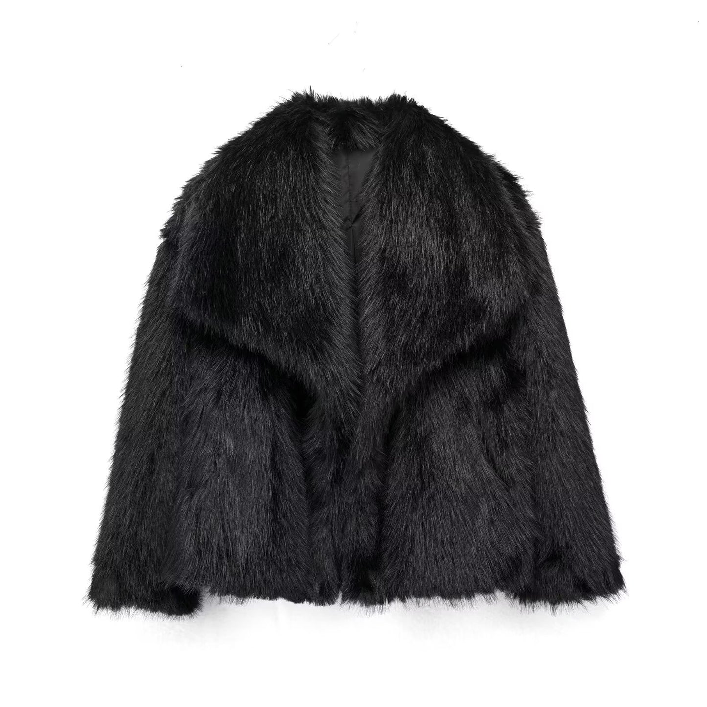 Black Winter Faux Fur Plush Lapel Coat