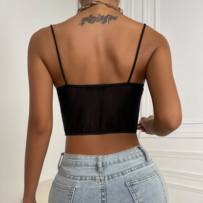 Hot Sexy Black Fish Bone Mesh & Satin Crop Top