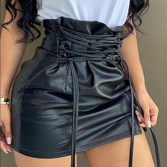 PU Leather High Waist Hip Skirt With Slit Straps