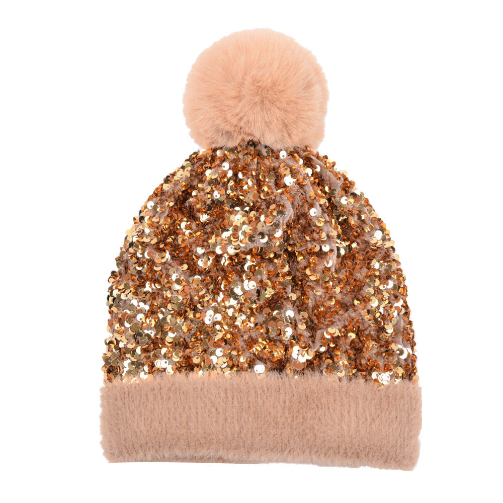 New Sequin Woolen Hat with Large Detachable Pom-pom