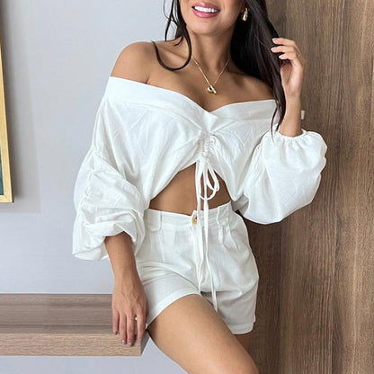 Off-shoulder Puff Sleeve Top & High Waist Shorts Suit