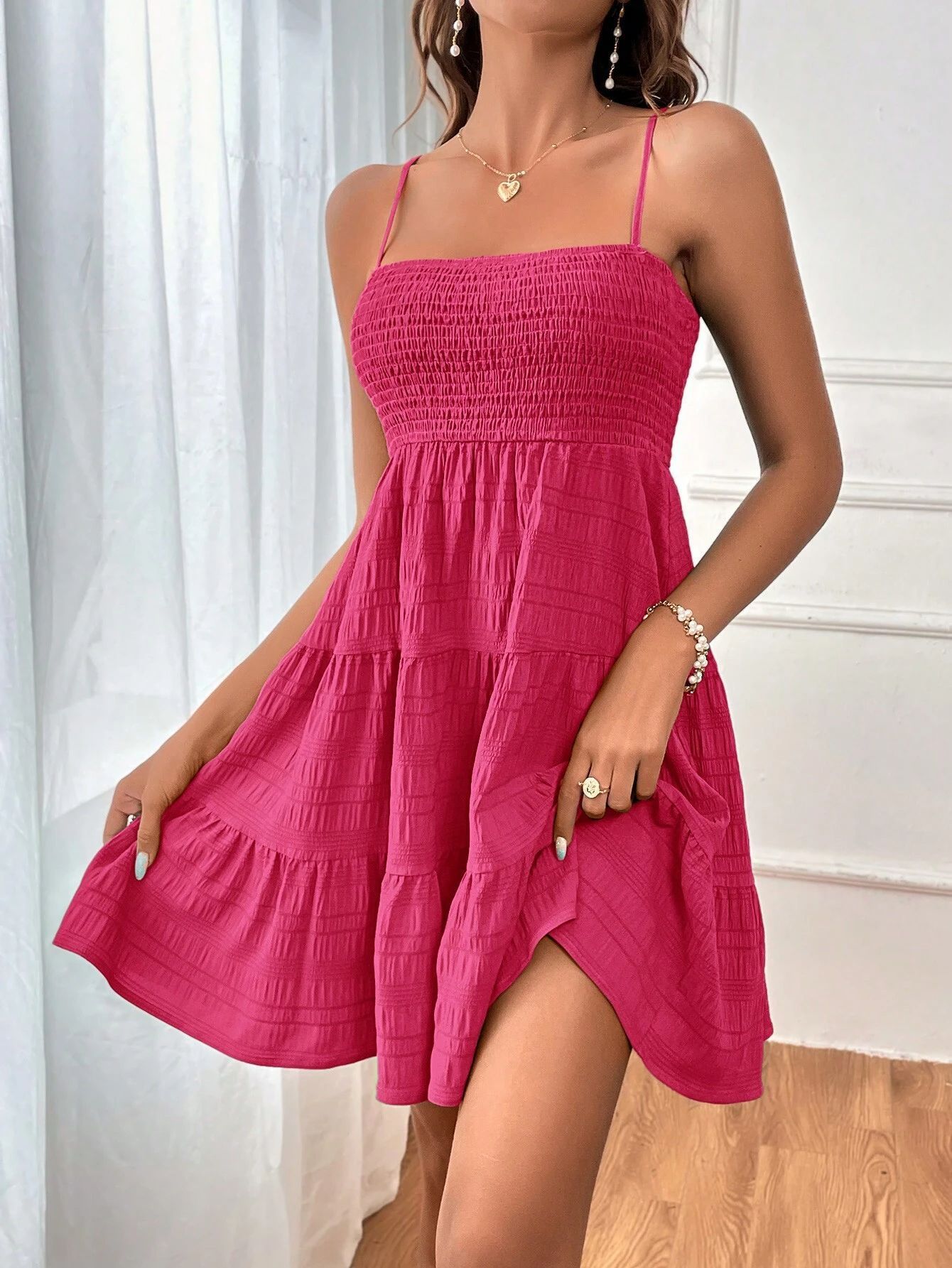 Pink Woman's Summer Square-collar Pleated Dress