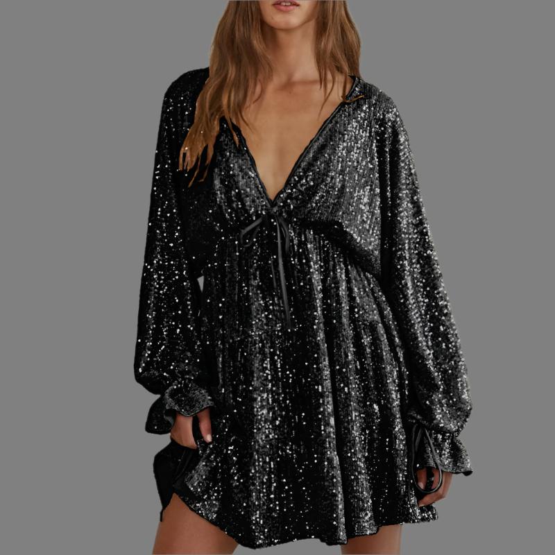 Black Ladies V-neck Open Back Sequined Drape Party Dress