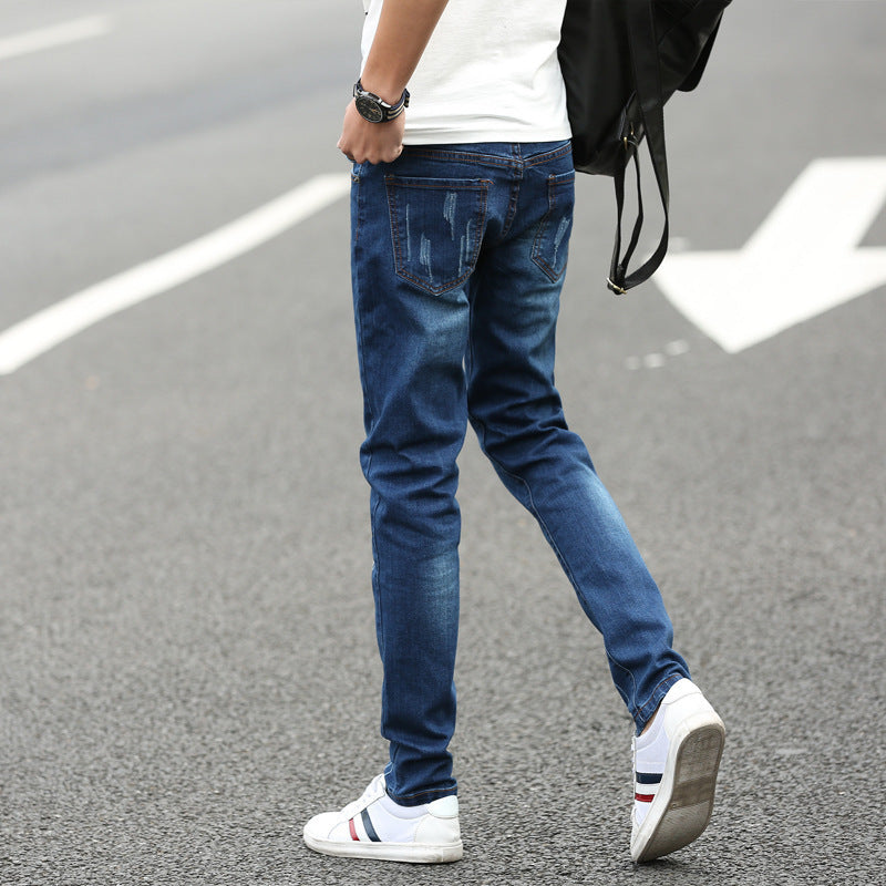 Men's Dark Blue Denim Distressed Straight Leg Jeans