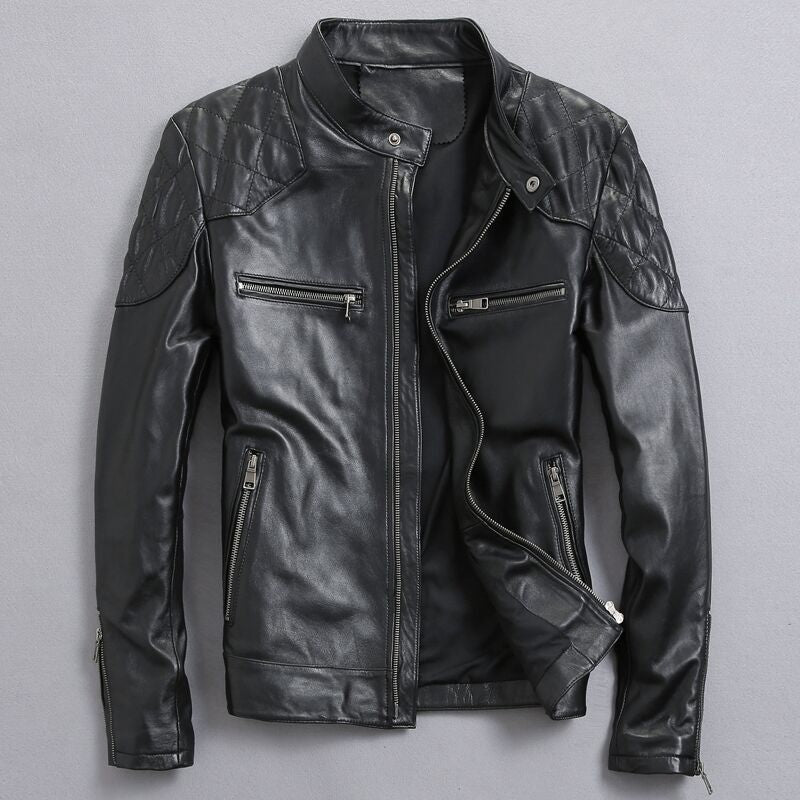 Distressed Stand Collar Leather Jacket for Men