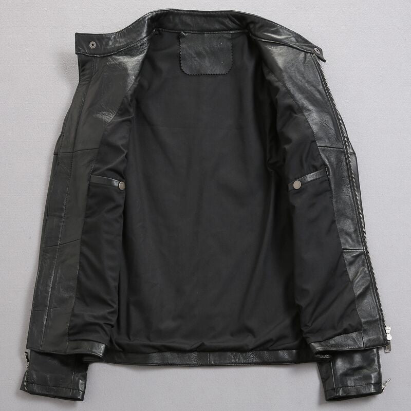 Distressed Stand Collar Leather Jacket for Men