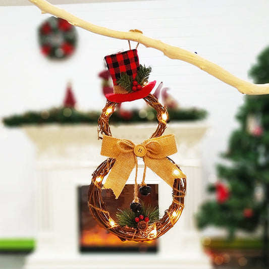 Christmas LED Circular Rattan Snowman Shaped Wreath Hanging Decoration