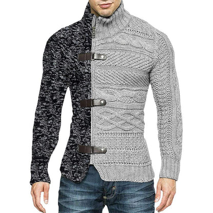 Men's Color Block Leather Button Long Sleeve Knit Cardigan