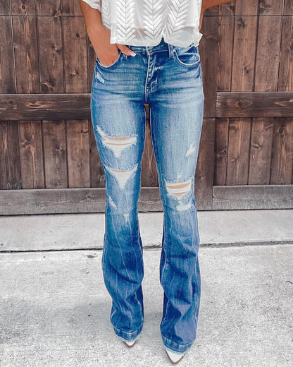 Casual Women's Mid Waist Ripped Flared Washed Jeans