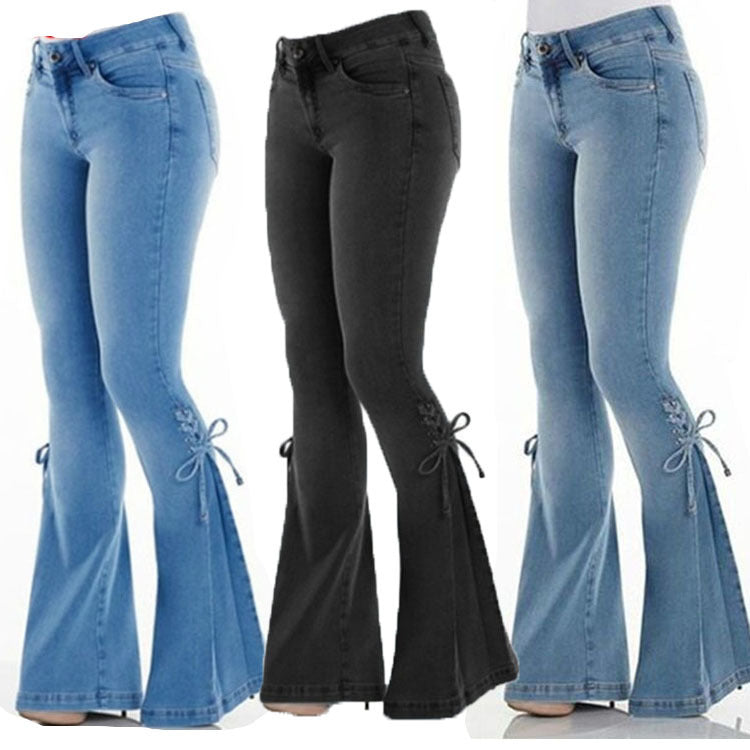 Ladies Mid-Waisted Stretch Flared Denim Jeans