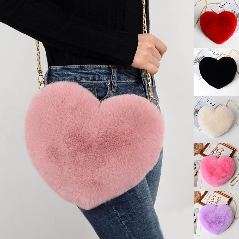 Plush Heart Shoulder Bag with Gold Chain