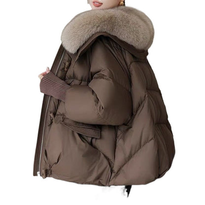 Down Cotton-Padded Jacket with a Large Short Fur Collar