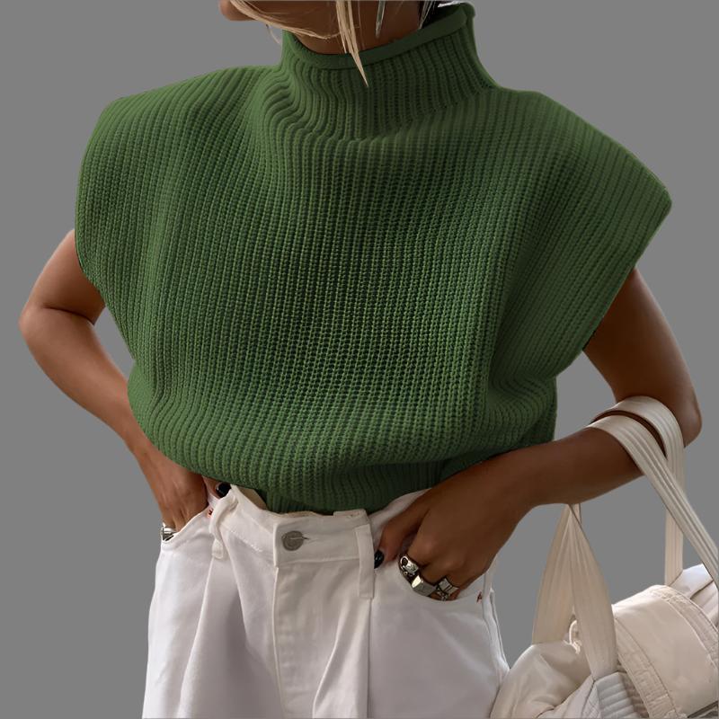 Green Women's Knitted Turtleneck Short Sleeve Sweater